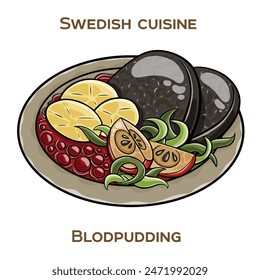 Blodpudding, also known as black pudding is a traditional Swedish dish made from a mixture of pork blood, pork fat, rye flour, and spices. Hand-drawn vector illustration