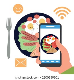 Blog about food, photo sharing in social networks. Plate with meal top view, hand take picture on smartphone, cooking media content, blogger vector cartoon flat concept
