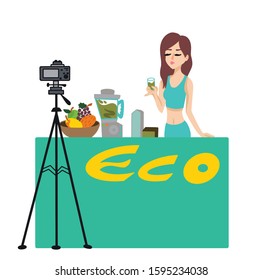 Blog about healthy eating.Woman with a drink near the eco rack makes a video about proper nutrition. vector illustration