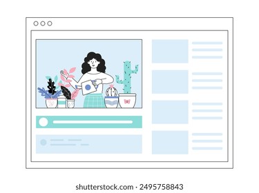 Blog about plants. Woman with cactus and tropical leaves in flower pots. Popular personality and famous blogger create interesting content. Linear vector illustration isolated on white background