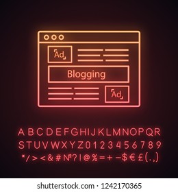 Blog advertising neon light icon. SMM. Social media marketing. Blogging. Internet promotion. Influencer marketing. Glowing sign with alphabet, numbers and symbols. Vector isolated illustration