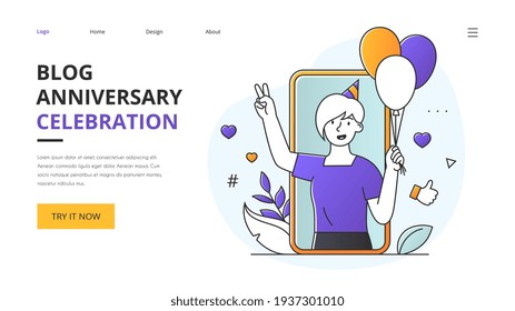 Blog Anniversary Celebration concept with girl in party hat holding balloons on a mobile phone screen and text, colored vector illustration website landing page template