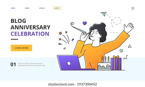 Blog Anniversary Celebration with young woman partying by herself seated at a computer in the office, colored vector illustration website landing page template