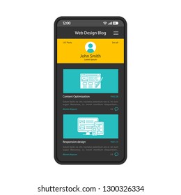 Blog app smartphone interface vector template. Mobile page black design layout. Web designer profile screen. Blogging, sharing posts application. Flat UI. Website design content on phone display
