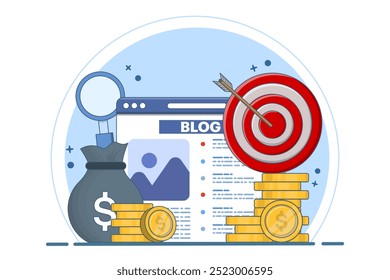 Conceito de criação de artigo de blog, criação de conteúdo, monetização de blog, fazer dinheiro online. Freelance escrita de artigo na web, pode ser usado para banners da web, landing pages, aplicativos móveis, infográficos.