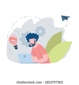 Blog articles abstract concept vector illustration. man work from home on laptop. Programming. home elements. Isolated, white background. Flat vector. Metaphor illustration.
