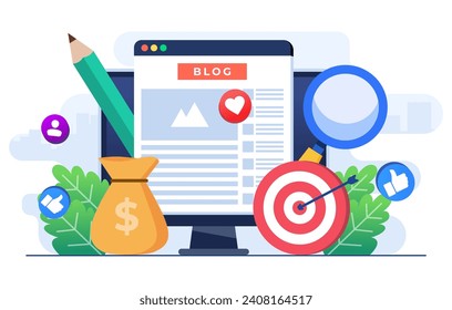 Blog articles creation concept flat illustration vector template, Content creation, Freelance web articles writing, Can be used for web banner, landing page, mobile app, infographic