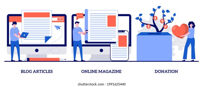 Blog articles, online magazine, donation concept with tiny people. Website tabs abstract vector illustration set. Crowdfunding, latest news, web page design, company online landing page metaphor.