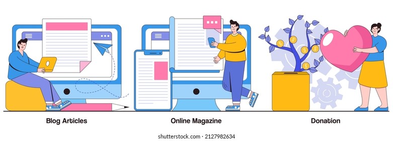 Blog articles, online magazines, donation concept with people characters. Website tabs vector illustration pack. Crowdfunding, latest news, web page design, company online landing page metaphor.