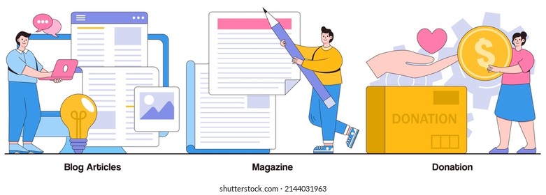 Blog articles, press, donation concepts with people characters. Internet vlogging and copywriting abstract vector illustration pack. Print media, money investment, business funding metaphor.