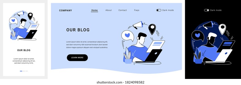 Blog Articles Website UI Kit. Blog Menu Element, Subscribe For Publications, News Article, Company Website Page, Web Element, UI Design, Blogging Resource Landing And Mobile App Vector UI Template.