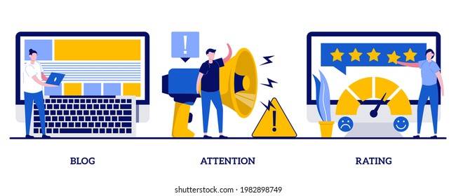 Blog, attention, rating concept with tiny people. Promotion methods abstract vector illustration set. Popular blogger, public announcement, service quality evaluation system metaphor.