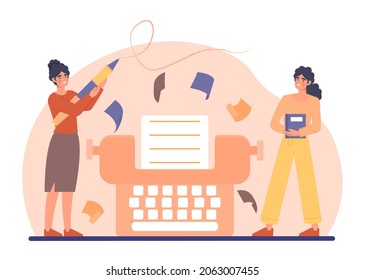 Blog author concept. Girl writes about her life. Modern technologies, social networks. Publishing editor and journalist creates post. Cartoon flat vector illustration isolated on white background