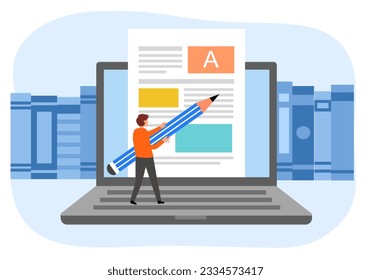 Blog author writing articles on laptop computer. Creative content writer. Blogger.