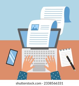 Blog author writing articles on computer. Creative content writer. Blogger.