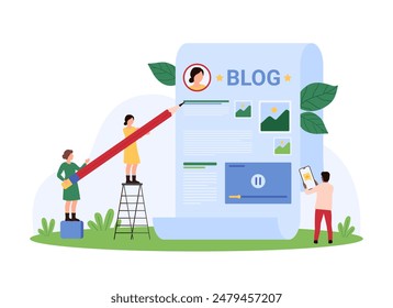 Blog authors writing article, storytelling and improvement, digital marketing promotion to audience. Tiny people holding pencil to edit text, write creative digital content cartoon vector illustration