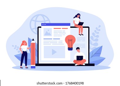 Blog authors writing articles. Freelance writers with laptops creating internet content. Vector illustration for online education, people of creative job, seo marketing concept