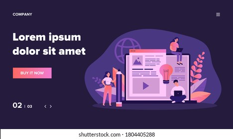 Blog authors writing articles. Freelance writers with laptops creating internet content. Vector illustration for online education, people of creative job, seo marketing concept