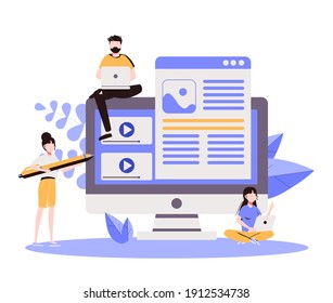 Blog authors writing articles. Freelance writers with laptops creating internet content. Vector illustration for online education, people of creative job, seo marketing concept