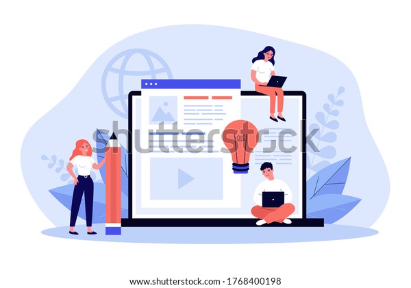Blog authors\
writing articles. Freelance writers with laptops creating internet\
content. Vector illustration for online education, people of\
creative job, seo marketing\
concept