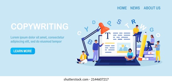 Blog authors writing articles, making valuable content. Freelance writers creating internet content. Copy writer workshop. Writing texts, creativity and promotion, seo marketing. Vector illustration