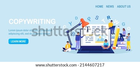 Blog authors writing articles, making valuable content. Freelance writers creating internet content. Copy writer workshop. Writing texts, creativity and promotion, seo marketing. Vector illustration