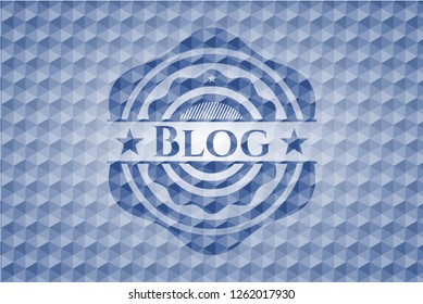 Blog blue badge with geometric pattern background.
