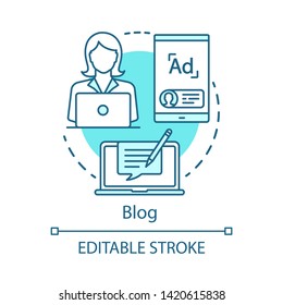 Blog blue concept icon. Channels for SEO idea thin line illustration. Discussion, informational website. Blogger, influencer. Online diary. Vector isolated outline drawing. Editable stroke