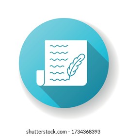 Blog blue flat design long shadow glyph icon. Writing personal diary. Feather pen symbol on sheet of paper. Personal diary. Novel manuscript, literature education. Silhouette RGB color illustration