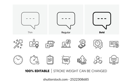 Ícones de linha Blog, Certificado e Varinha mágica. Pacote de dicas rápidas, ataque cibernético, ícone de Ajuda. Música, Tempo, Pictograma de Caixa de Seleção. Molécula de química, Clipboard, Relógio. Caixa, Temporizador, Inflação. Vetor
