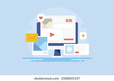 Blog CMS, Adding new content to blog, Sharing blog on social media, Blog subscribers, Content management system - vector illustration with icons