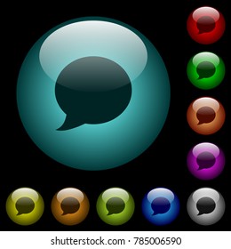 Blog comment bubble icons in color illuminated spherical glass buttons on black background. Can be used to black or dark templates