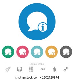 Blog comment info flat white icons on round color backgrounds. 6 bonus icons included.
