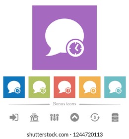 Blog comment time flat white icons in square backgrounds. 6 bonus icons included.