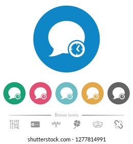 Blog comment time flat white icons on round color backgrounds. 6 bonus icons included.