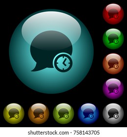 Blog comment time icons in color illuminated spherical glass buttons on black background. Can be used to black or dark templates