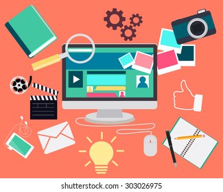 Blog concept. Computer and Web site content elements. Vector illustration 