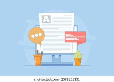 Blog concept, Content Marketing, Blog and SMM concept in flat design. Blog page filled with content. The process of uploading articles and media materials. Flat vector illustration on the background.