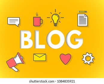 Blog concept on yellow background. Business blogging for website, banner, poster. Modern layers design. Sign with icons on bright backdrop. Vector illustration.