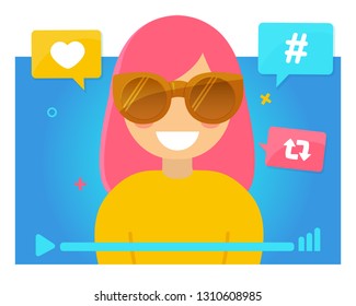 Blog concept. Popular Young Video Streamer. Girl, Woman with pink hair. Blog. Online Channel. Vector illustration.