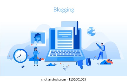 Blog content, Blogging, post Concept for web page, banner, presentation, social media, documents, cards, posters. Vector illustration . Commercial Blog posting, Internet Blogging service