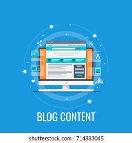 Blog content, Blogging, post, content strategy flat vector illustration isolated on blue background