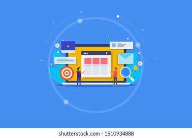 Blog content, Blogging, writing, Content development, Social media content - flat design vector illustration with icons and characters