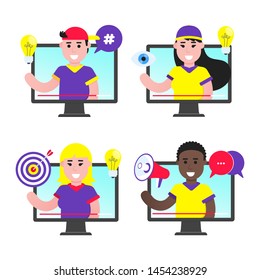 Blog content concept template. Videoblogging avatar in the monitor freelance man,woman content managment flat style design vector illustration set isolated on white background. Seo social media.