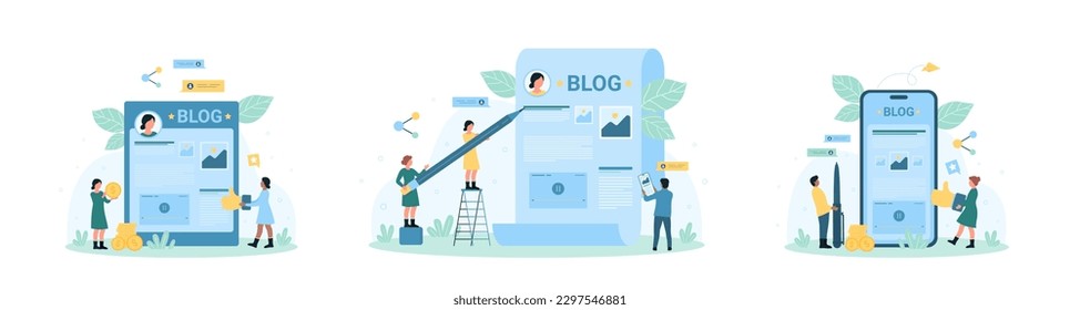 Blog Content Creation Set Vektorgrafik. Cartoon winzige Leute, die Stift und Stift halten, um in Papier zu schreiben, Computer- und Telefonbildschirm, Schriftsteller erstellen Web-Artikel und Promotion-Text