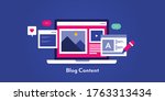 Blog content development, Blogging, Business blog, Writing blogs - conceptual flat design horizontal vector banner with icons