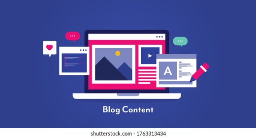 Blog content development, Blogging, Business blog, Writing blogs - conceptual flat design horizontal vector banner with icons