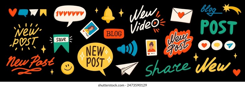 Blog content icons. Blogging or vlogging cartoon icons for social media vector flat illustration.