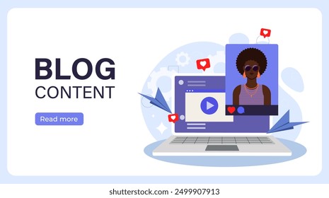 Blog content poster. Laptop with photo of popular blogger. Promotion in social networks and messengers. Advertising and marketing. Flat vector illustration isolated on white background