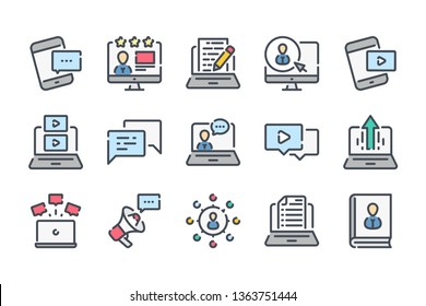 Blog and Content related color line icon set. Online Blogging linear icons. Streaming and storytelling colorful outline vector sign collection.